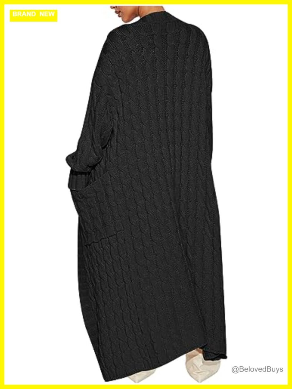 Open Front Cable Knit Long Cardigan Sweater Coat with Pockets - Picture 4 of 6